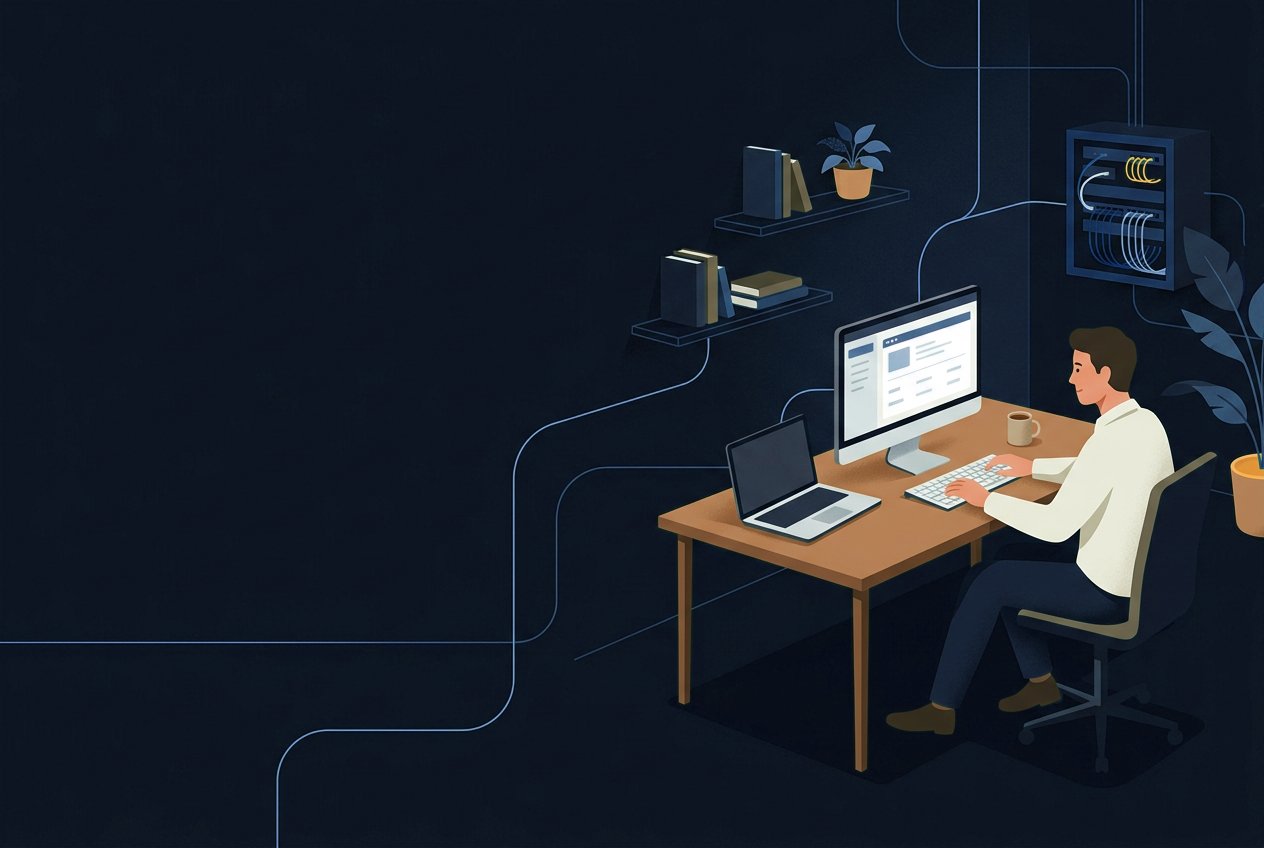 Illustration: ein Mitarbeiter arbeitet entspannt an seinem Platz, im Hintergrund ein ordentlicher Netzwerkschrank